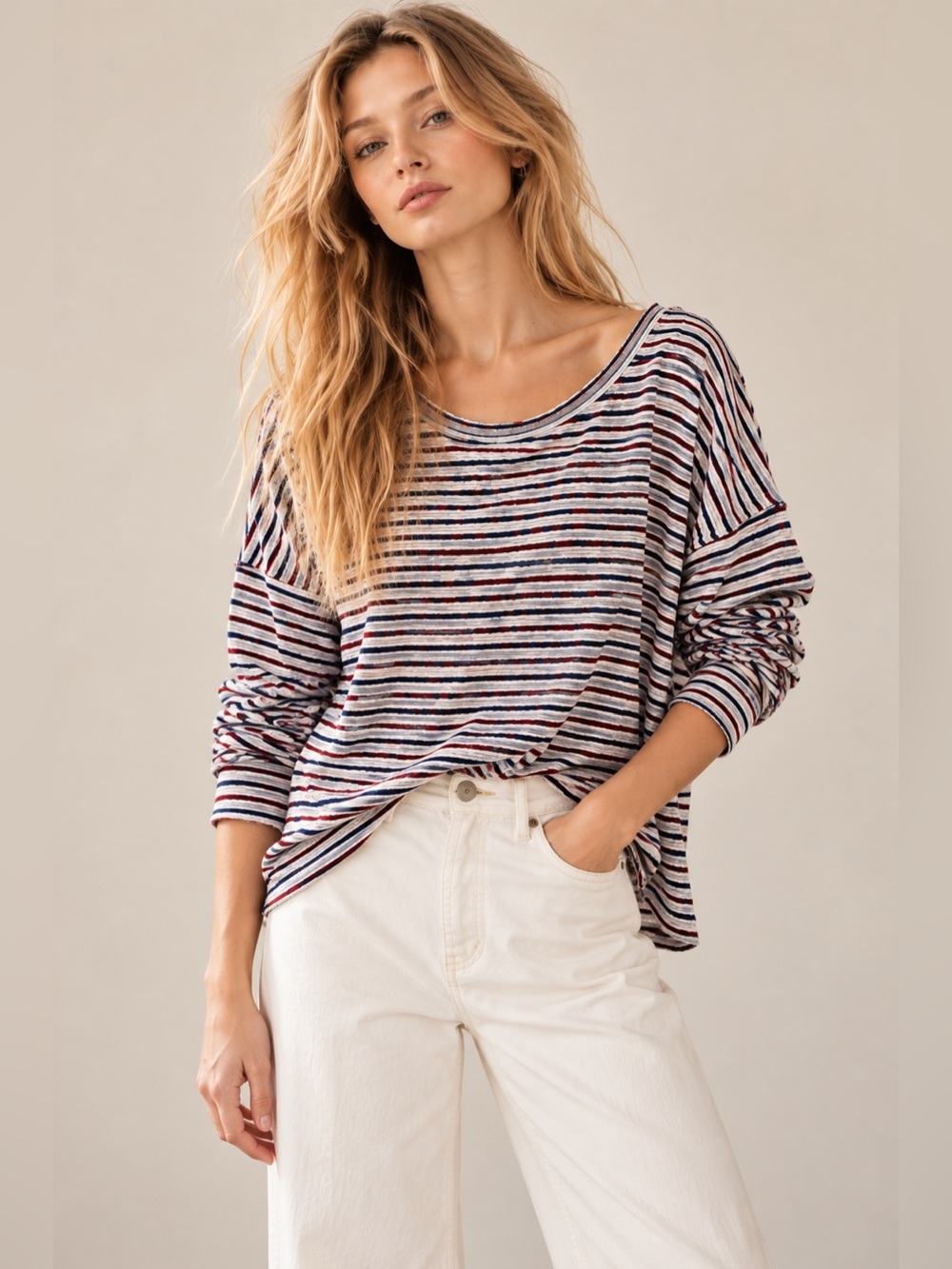 Free People Striped Long-Sleeve Scoop Neck Top in Multi-Stripe